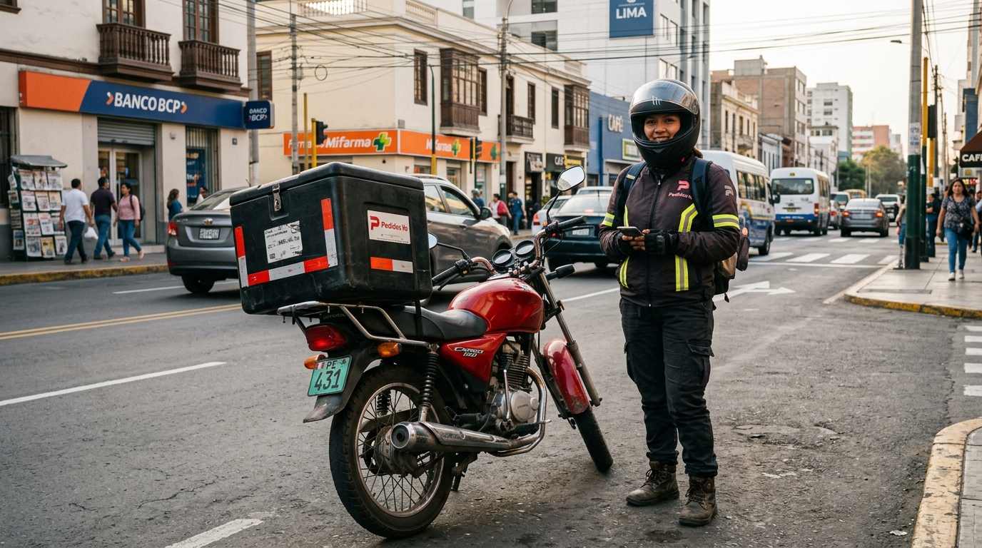 Piloto de mensajería en moto lineal listo en la ciudad